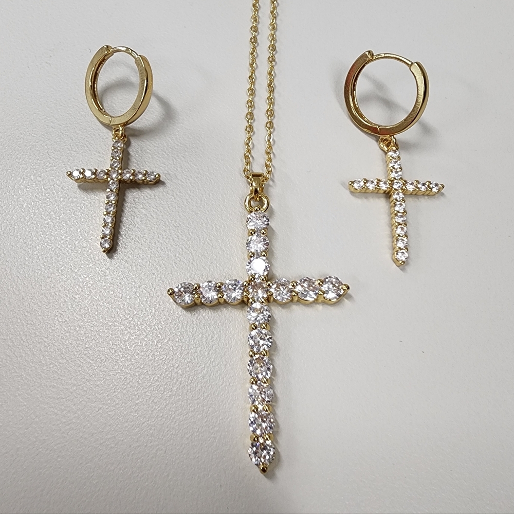 Cross Necklace & Dangle Huggie Hoop Earring Set Christian Cubic Zirconia
